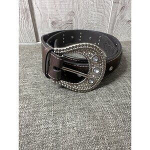 Womens XL Brown Leather Belt With Rhinestone Buckle & Western Studded Design